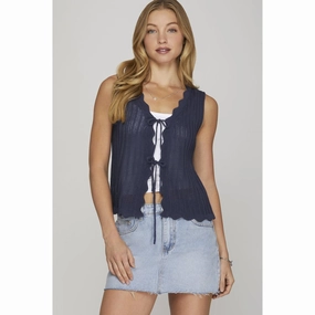 Navy Scallop Tie Sweater Vest Noise Reduciting Fabric Sealed Seam Construction