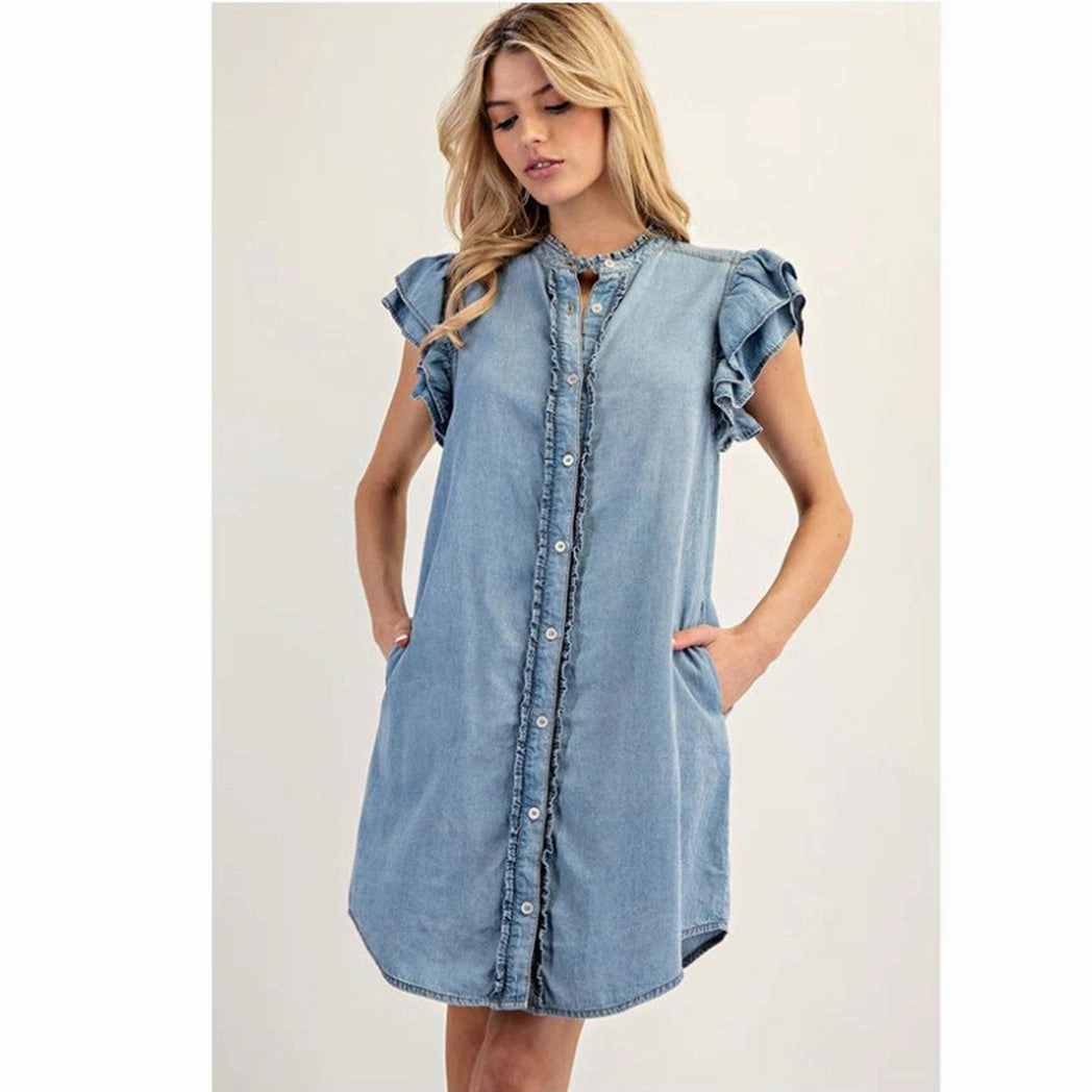Bless Touch Cold-Shoulder Denim Ruffle Sleeve Button Down Dress