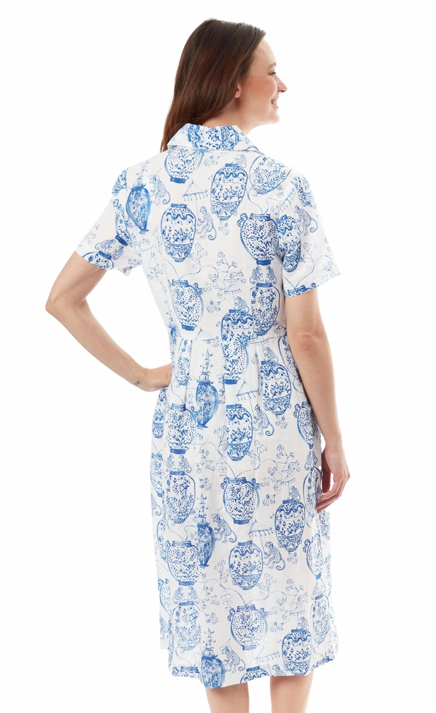 Shortsleeved Shirt Dress - Chinoiserie Print Cool Undertone Bow Soft