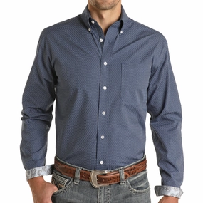 Panhandle Slim Men's Blue Geo Print Long Sleeve Cooling Mesh Lining
