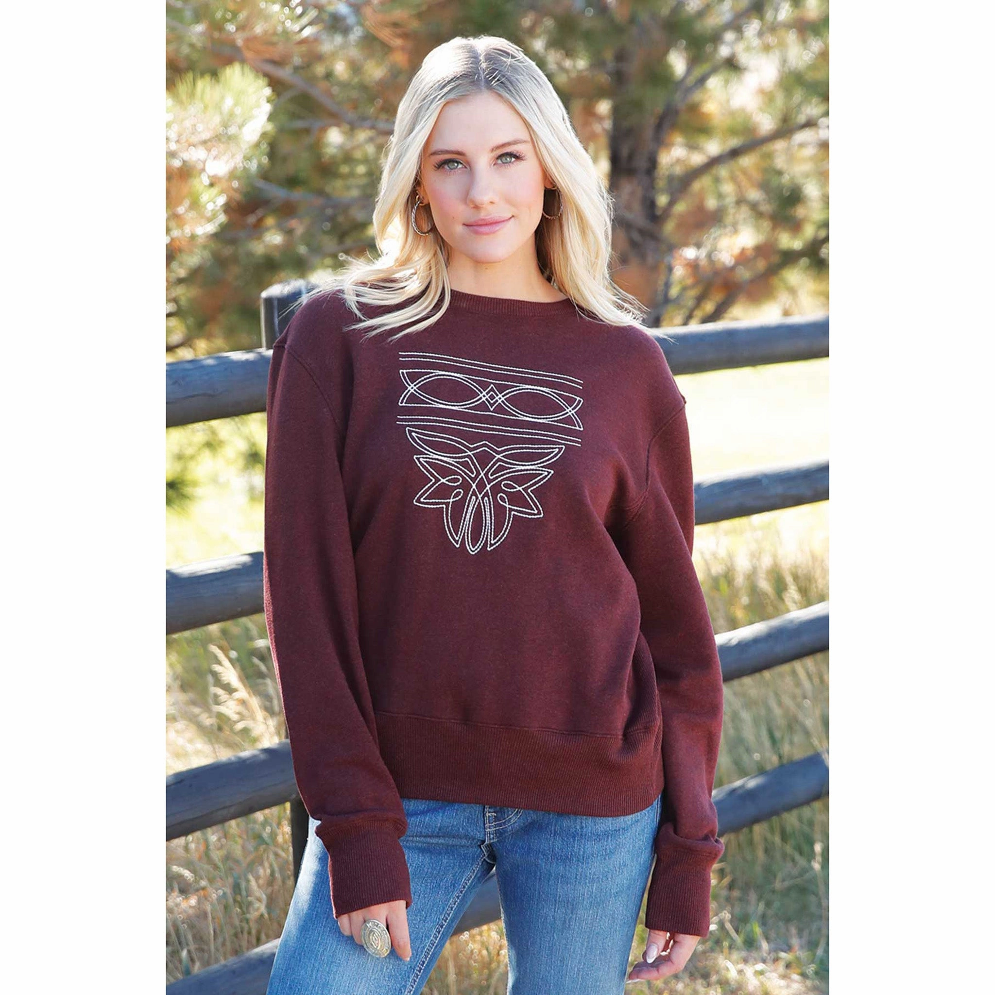 Cruel Girl Burgundy Boot Stitched Sweatshirt Layered Neckline Details