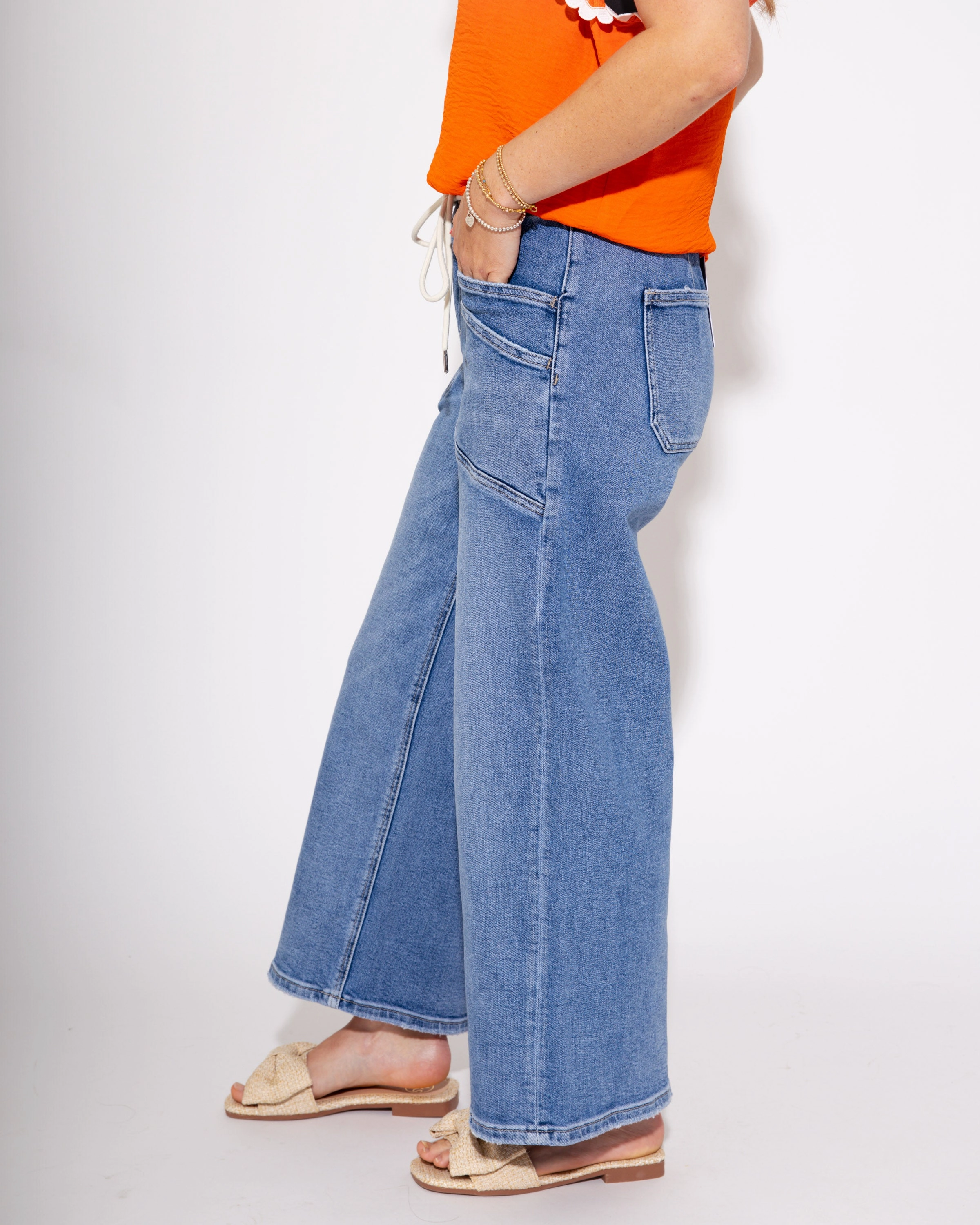 Draw the Line High Rise Drawstring Wide Leg Jeans Classic Wear Street Fashion