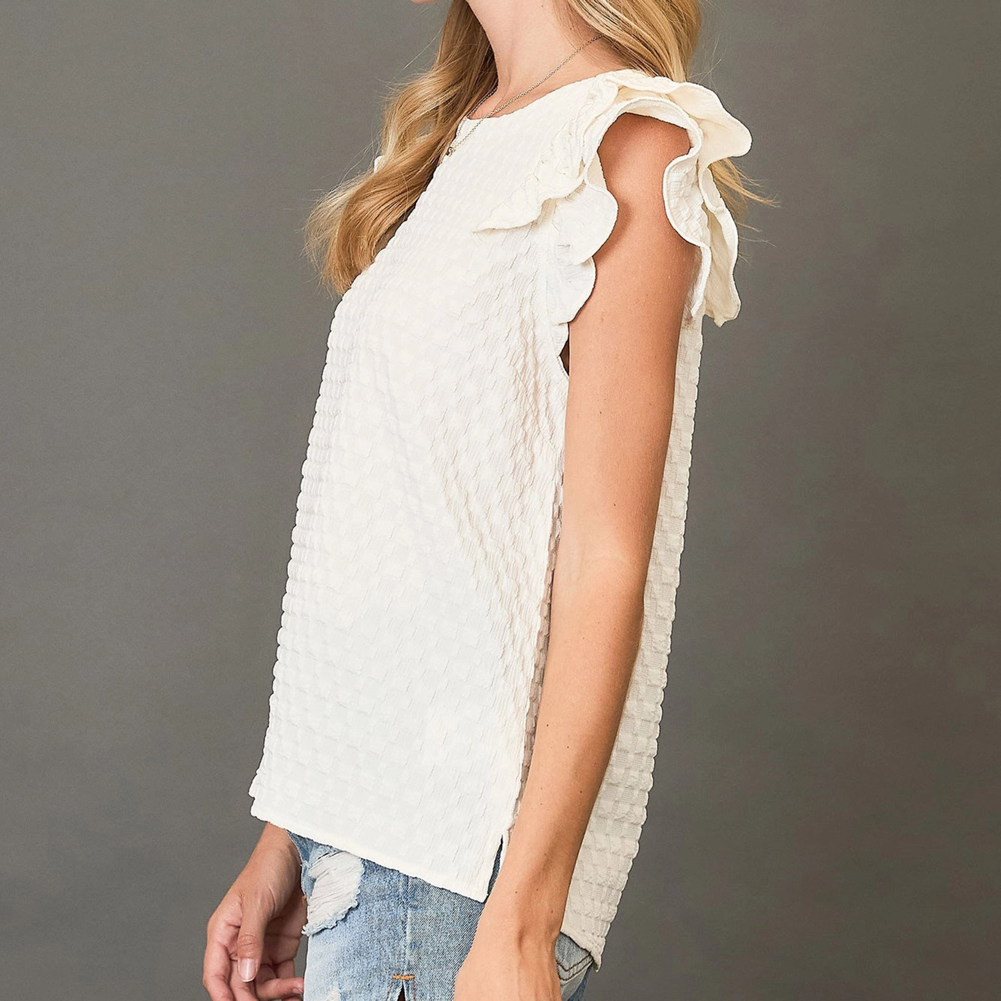 Solid Cream Waffle Textured Short Ruffled Sleeve Shirt FourWay Stretch Hypoallergenic Inner Layer