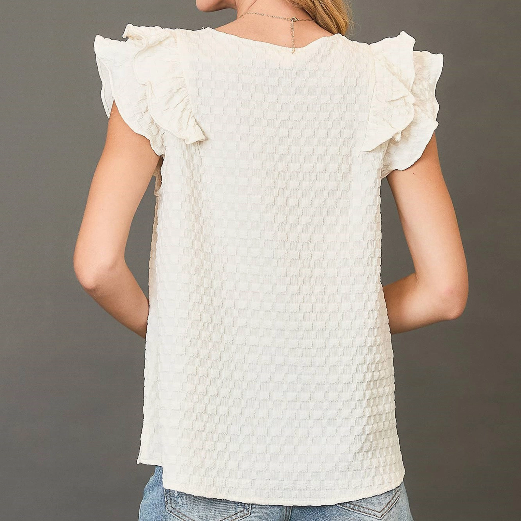 PolishedFinish Stretchable Blend Solid Cream Waffle Textured Short Ruffled Sleeve Shirt