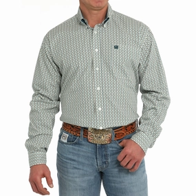 Cinch Men's White & Green Geo Print Long Sleeve Tear Resistant Reinforcement