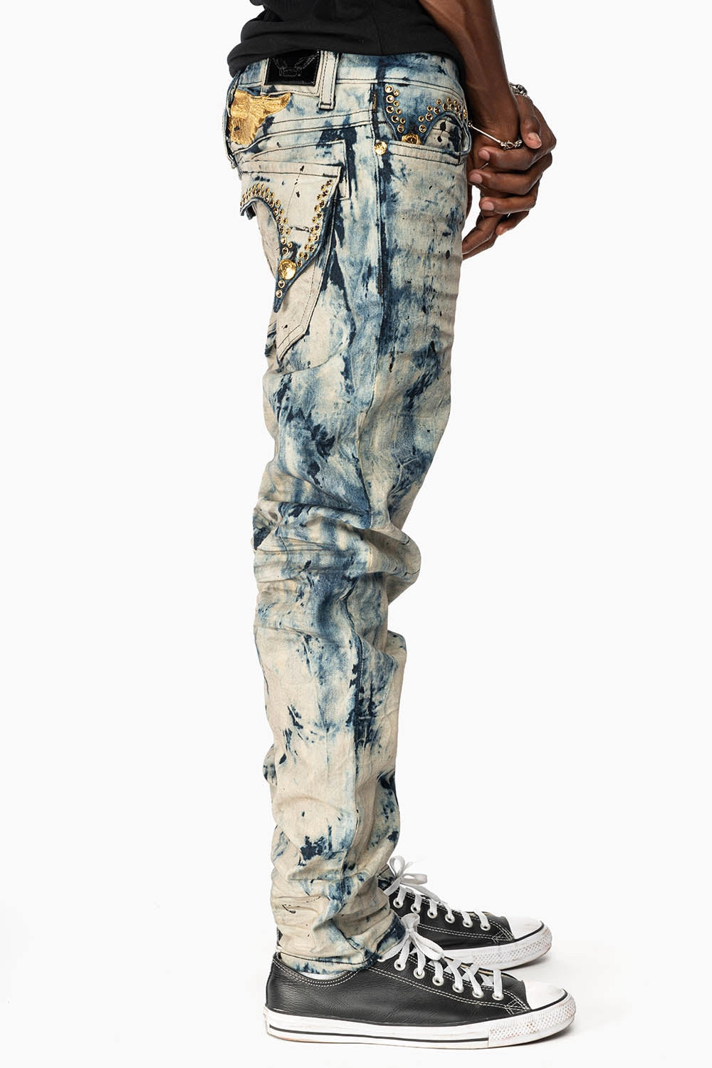 Affordable Outdoor Adventure Artist Vibe KILLER FLAP MENS SKINNY JEANS IN FROZEN WASH WITH EMBELLISHED  SMOKY TOPAZ CRYSTALS