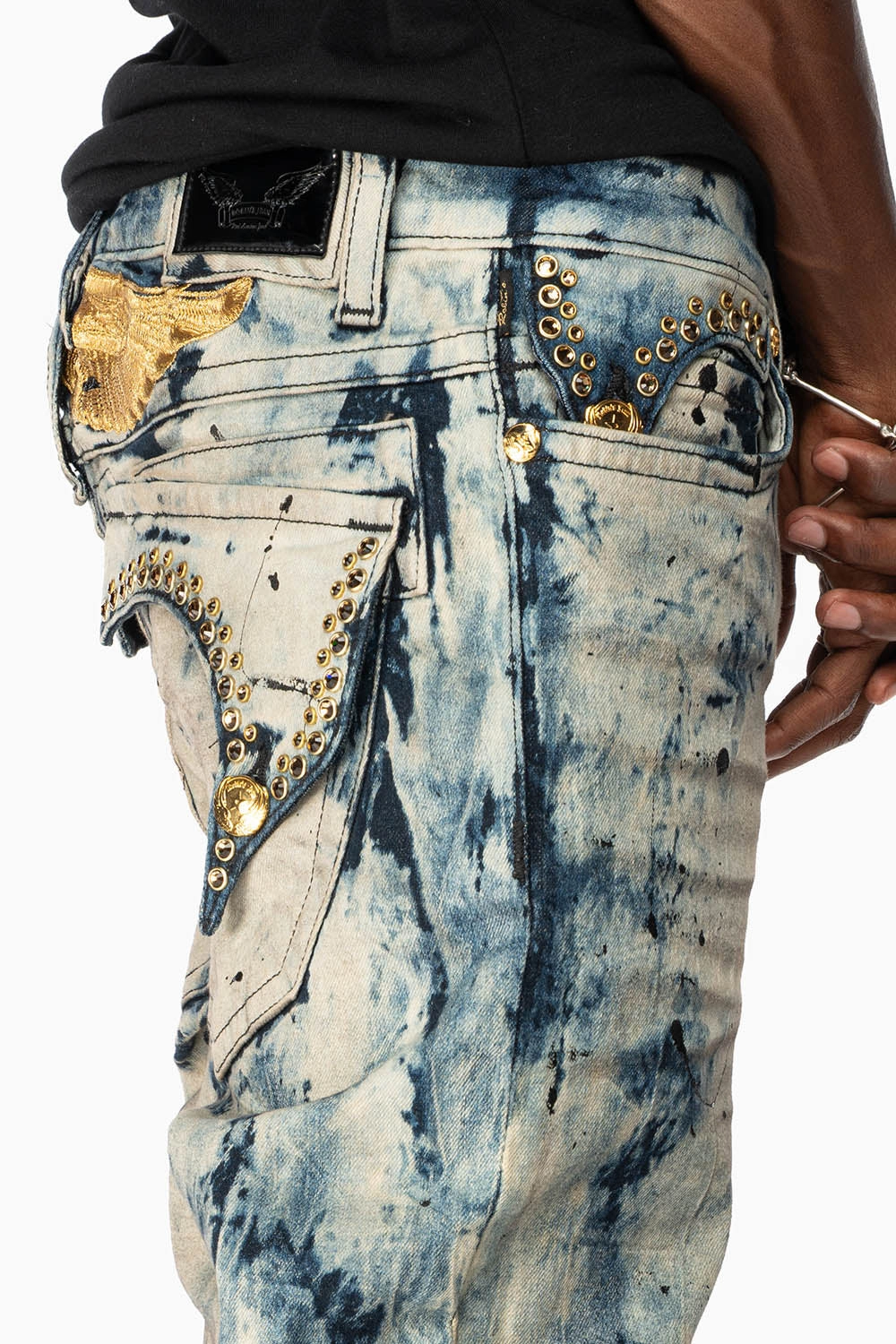 Stylish Adult Fashion Festival Outfit Urban Explorer KILLER FLAP MENS SKINNY JEANS IN FROZEN WASH WITH EMBELLISHED  SMOKY TOPAZ CRYSTALS