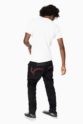 Home Comfort Party Look Modern Minimalist KILLER FLAP MENS SKINNY JEANS IN PURE BLACK  EMBELLISHED WITH RED CRYSTALS