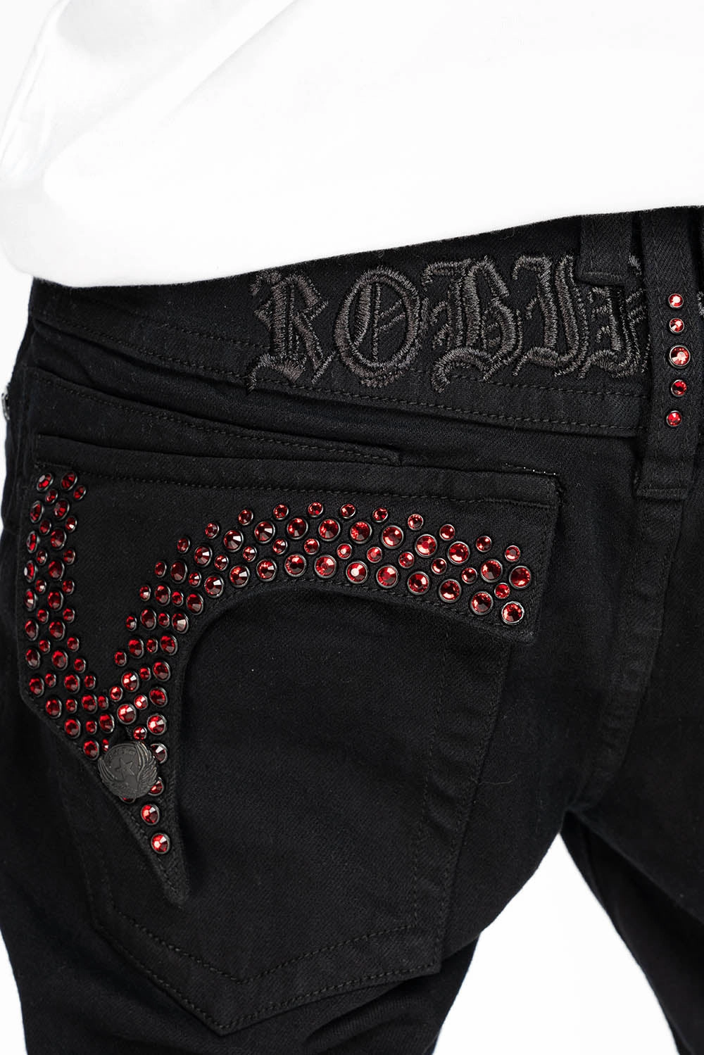 Traveler Gear Winter Warmth Smooth KILLER FLAP MENS SKINNY JEANS IN PURE BLACK  EMBELLISHED WITH RED CRYSTALS
