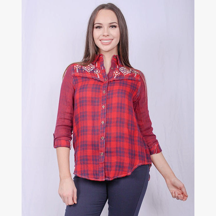 Lady's World Women's Plaid Aztec Long Sleeve Breathable Mesh Insert Thermal Regulating Fabric