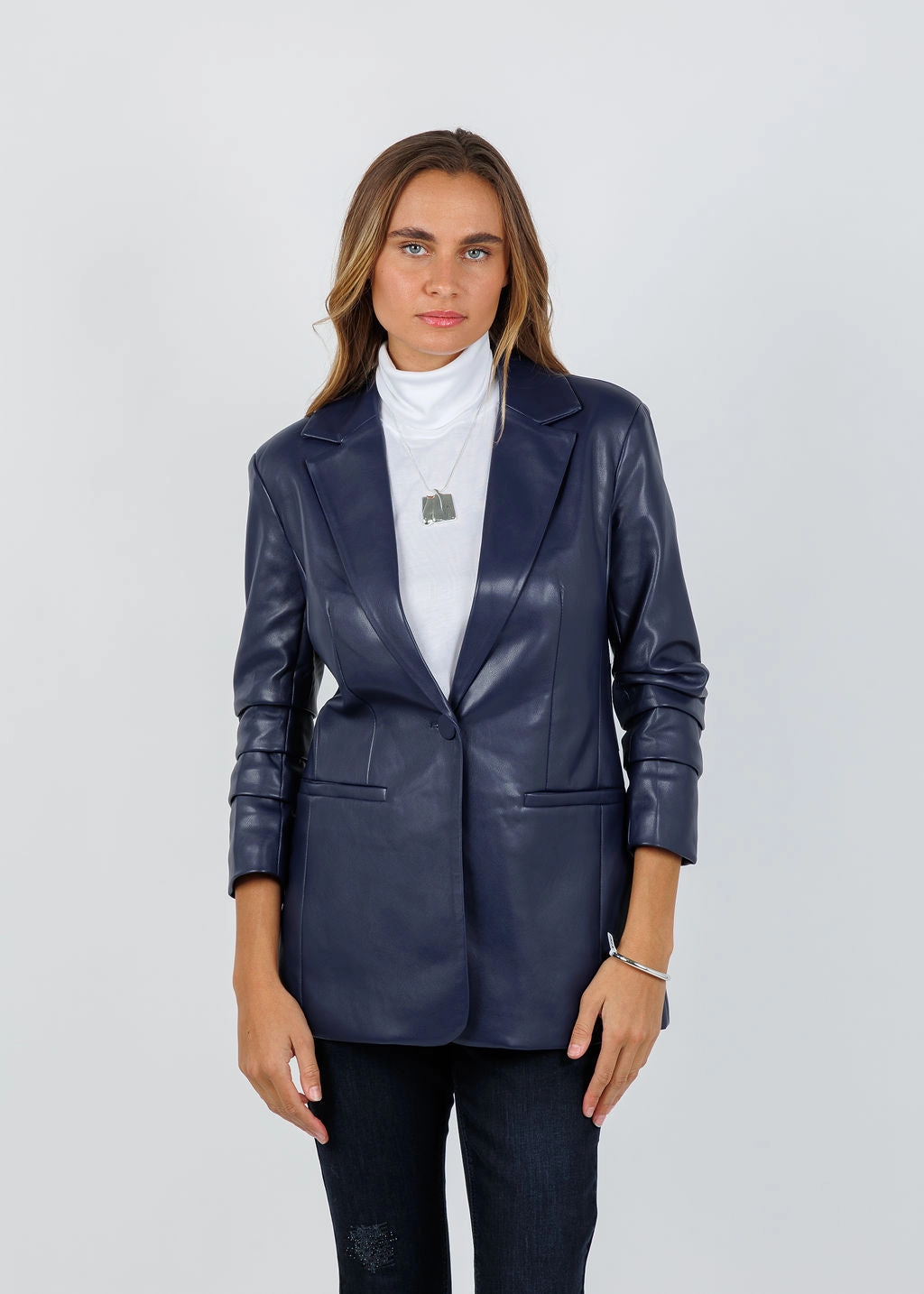 NonChafing Seams Orion Vegan Blazer - Navy Fashionable Tank Contrast Topstitching Detail