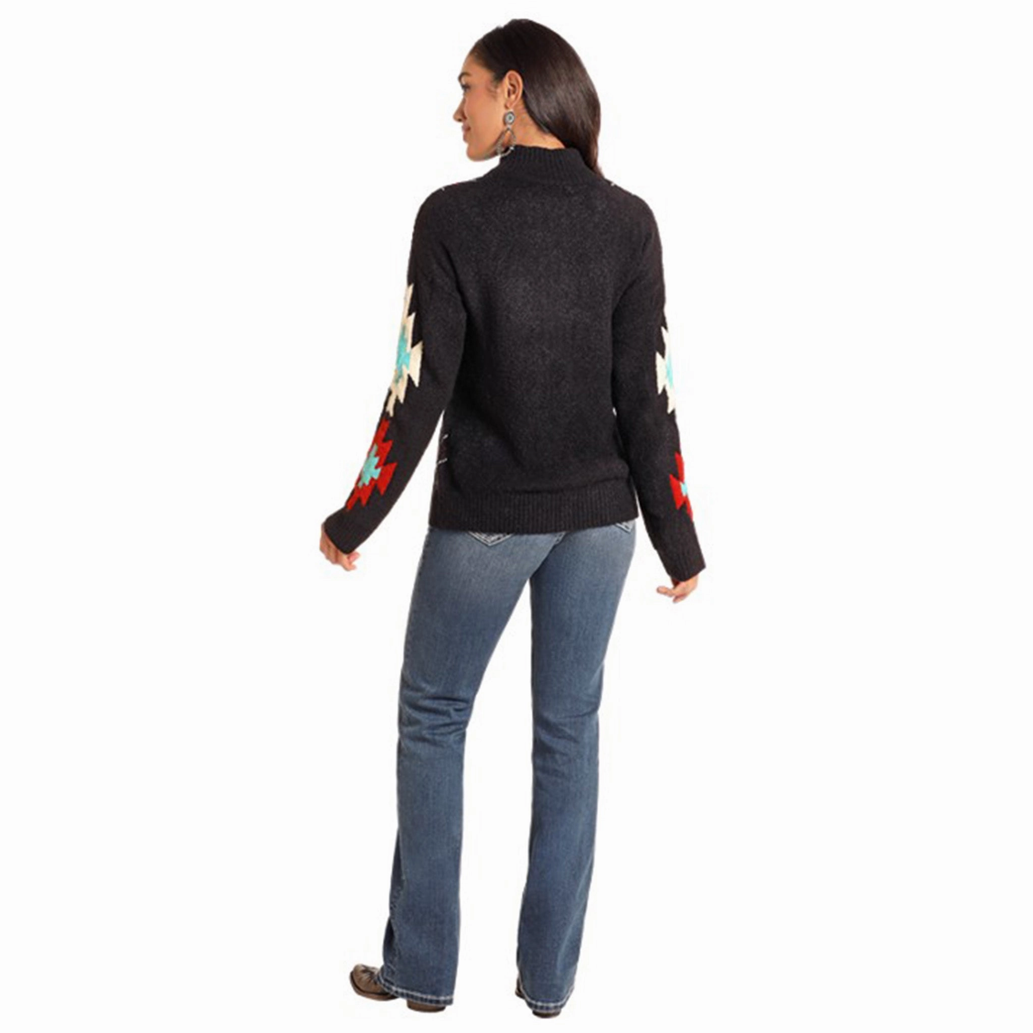 Rock & Roll Women's Black Mock Neck Southwest Sweater ButterSoft Handfeel Interlock Stitching