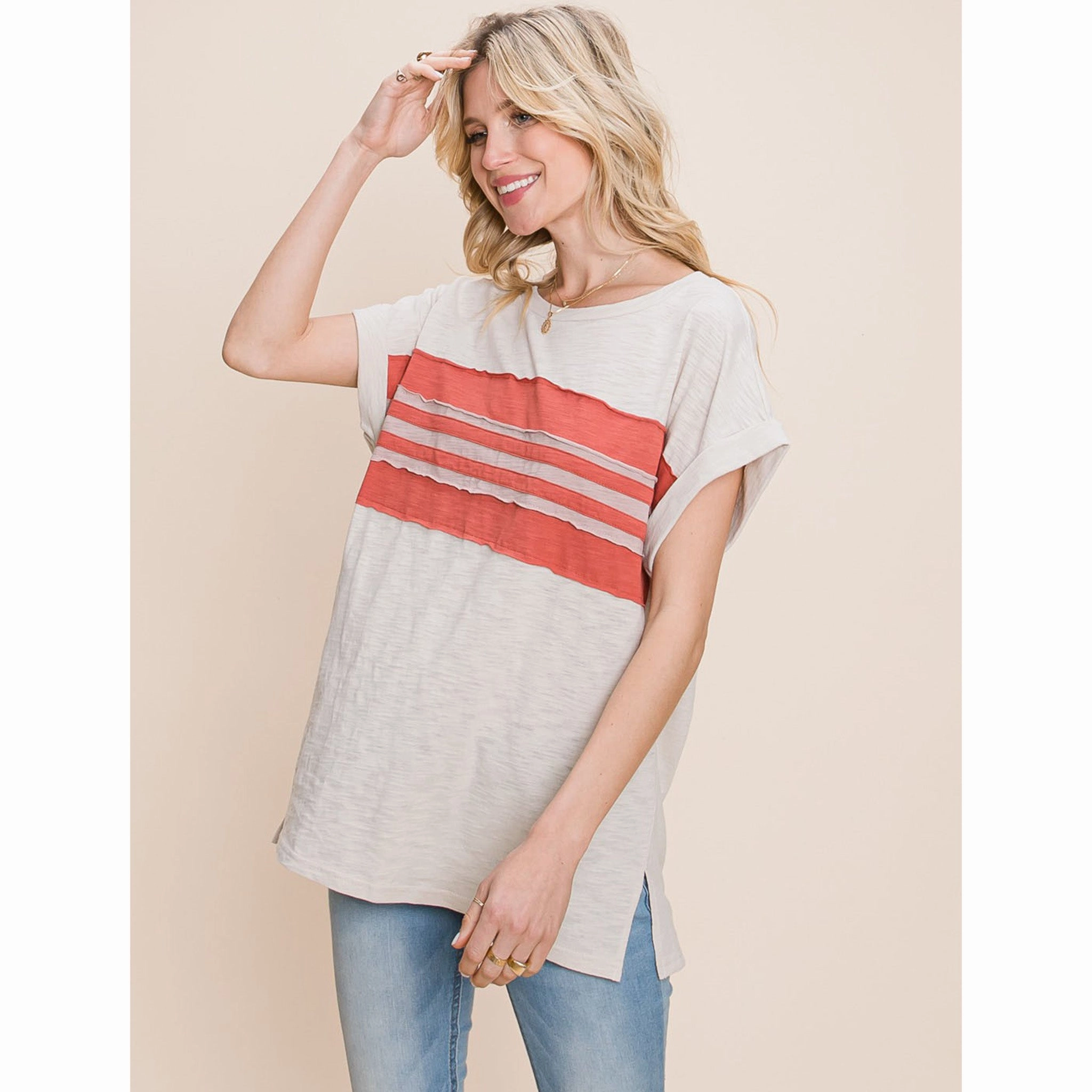 Cotton Bleu Women's Block Frayed Short Sleeve UVProtective Coating FourWay Stretch