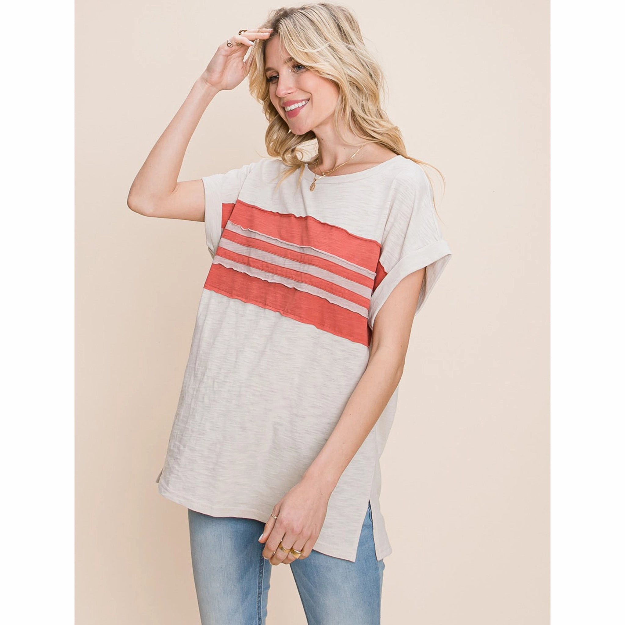 Cotton Bleu Women's Block Frayed Short Sleeve Contoured Armhole Design AdjustableHem