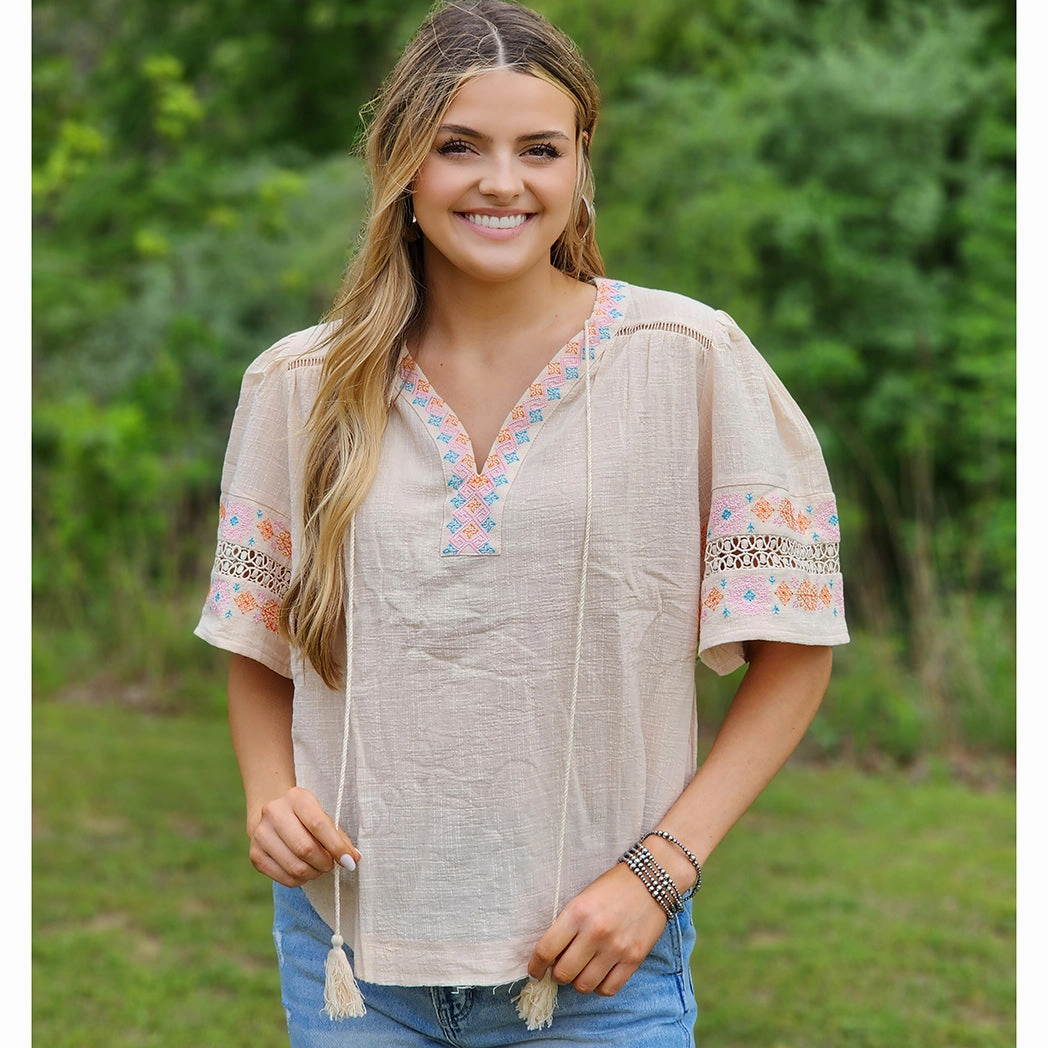 Odor Resistant Fabric Beige V Neck Blouse