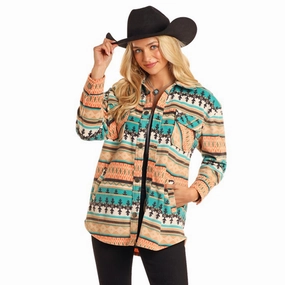 AllDay Comfort Design Subtle Fashion Fit Rock & Roll Women's Turquoise & Coral Aztec Fleece Shacket