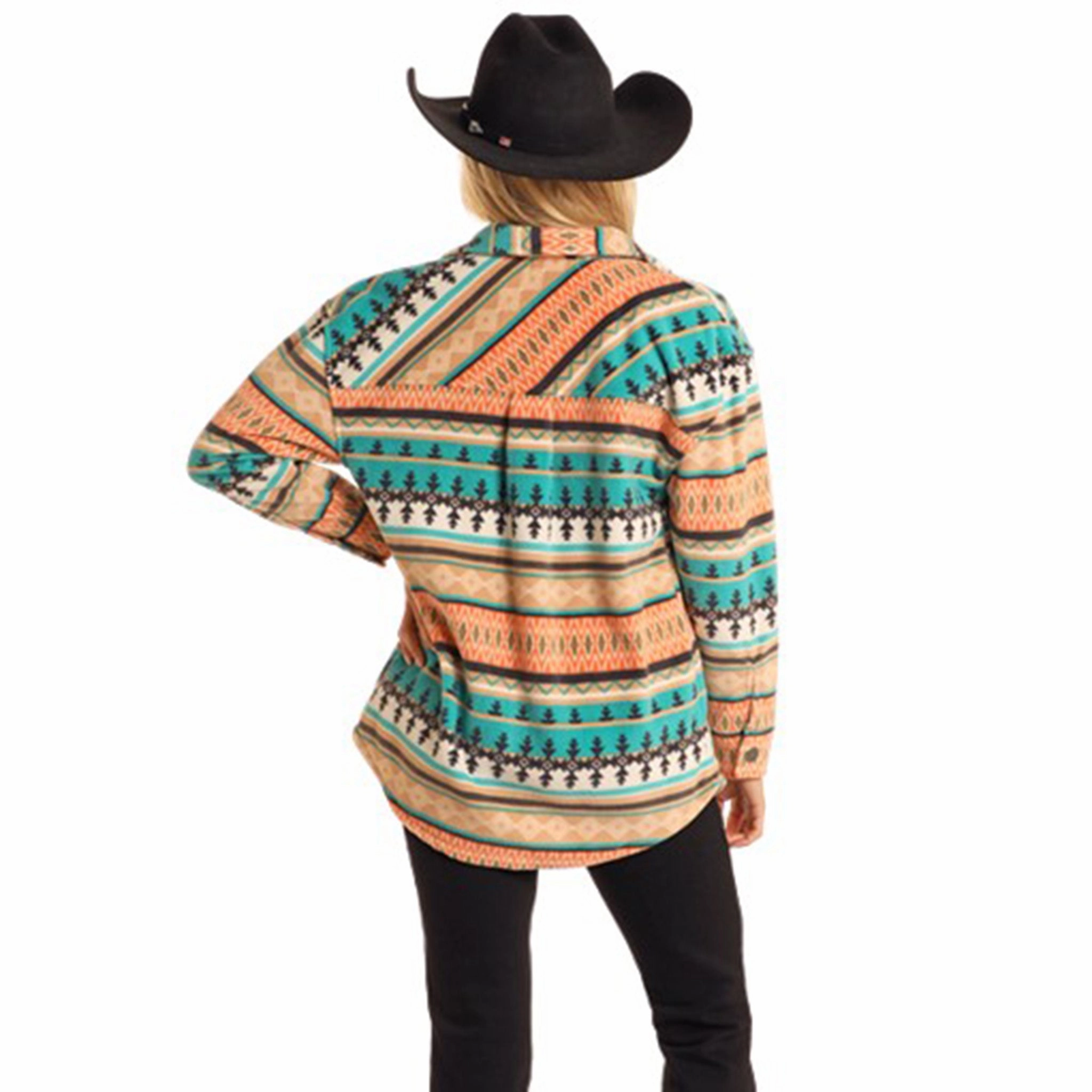 UV Protective Coating Rock & Roll Women's Turquoise & Coral Aztec Fleece Shacket