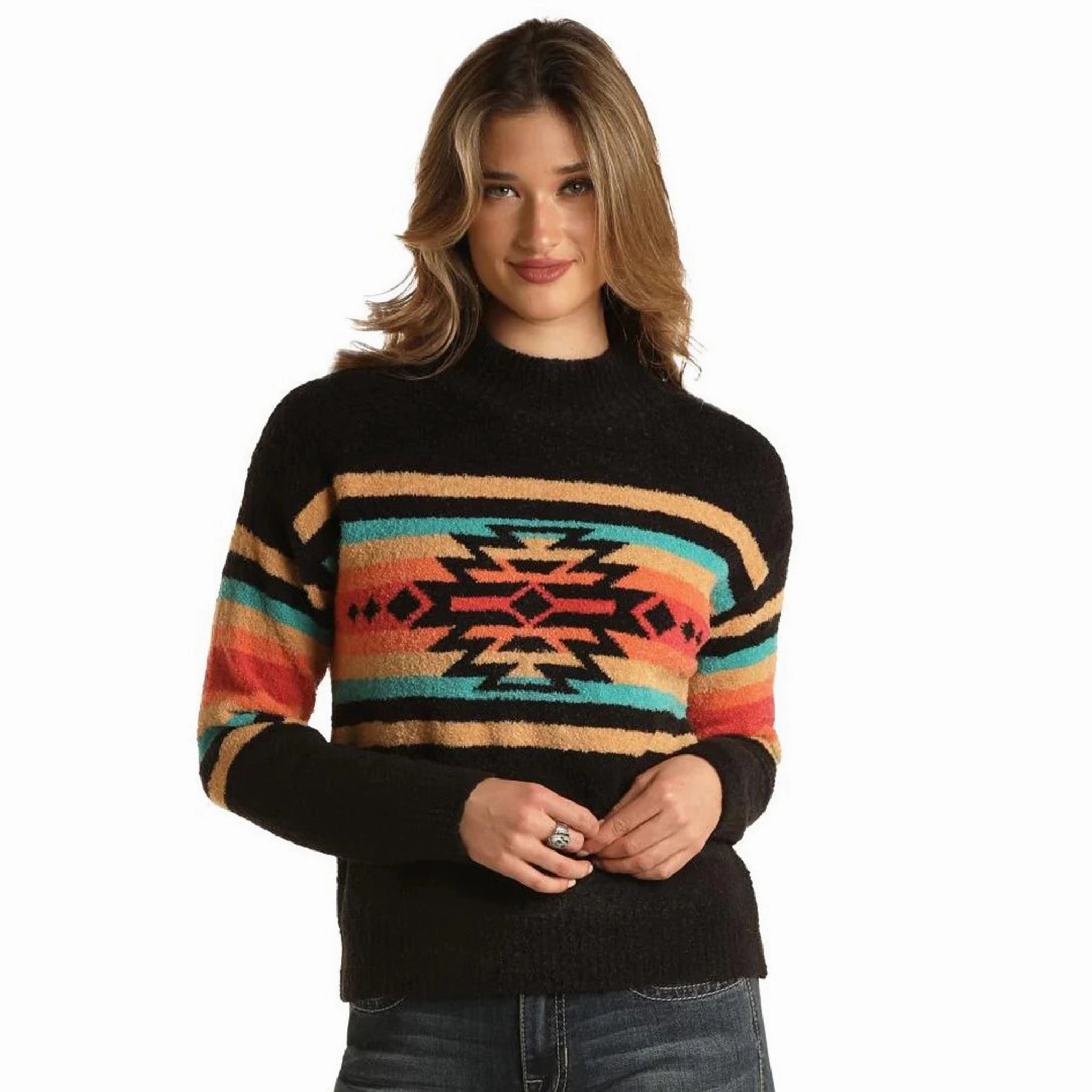 StainRepellentCoating Panhandle Slim Women's Black Aztec Mock Neck Sweater