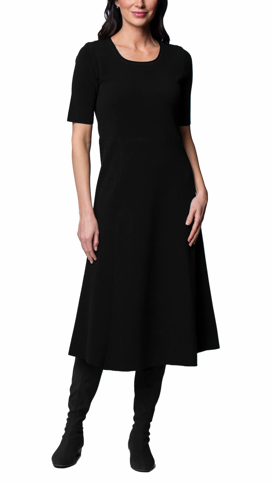Nora Milano Knit Short Sleeved Fit-And-Flare Midi Dress - Black / Fall Pre-Order (Copy) Elegant Everyday Elastic-Cuff