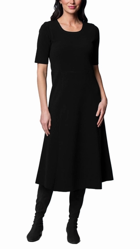 High-Fashion Elegant knee-length dress Nora Milano Knit Short Sleeved Fit-And-Flare Midi Dress - Black / Fall Pre-Order (Copy)