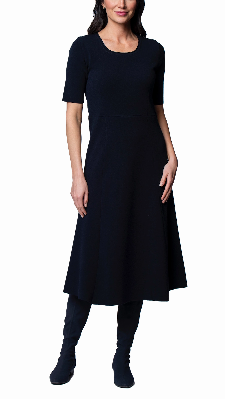 WaterRepellentCoating Nora Milano Knit Short Sleeved Fit-And-Flare Midi Dress - Dark Navy