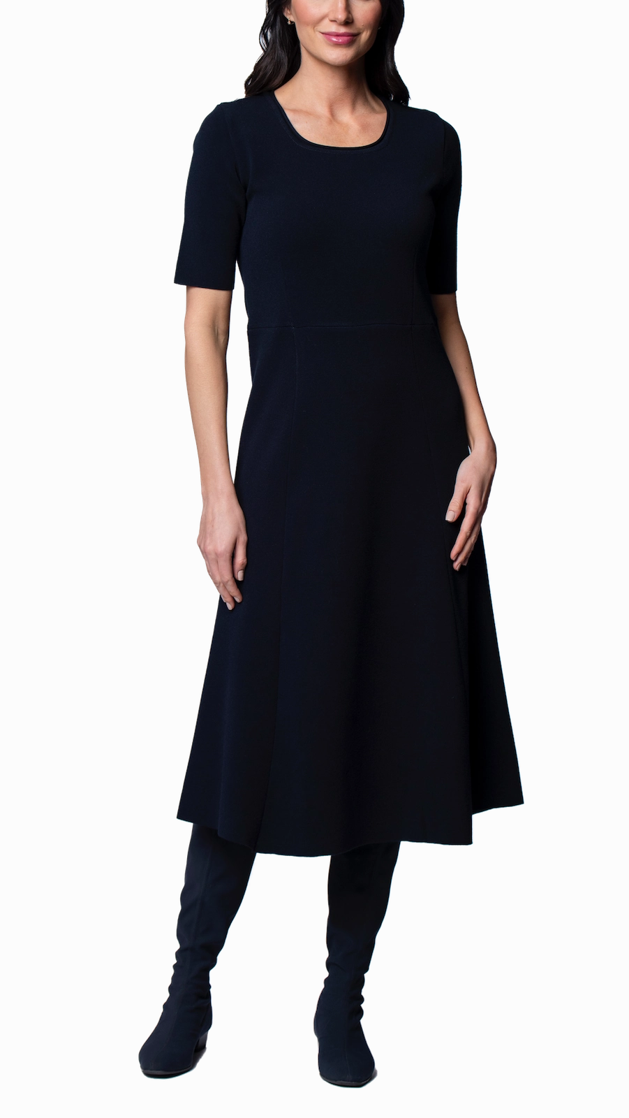 Nora Milano Knit Short Sleeved Fit-And-Flare Midi Dress - Dark Navy Calm Lines Smart Edge