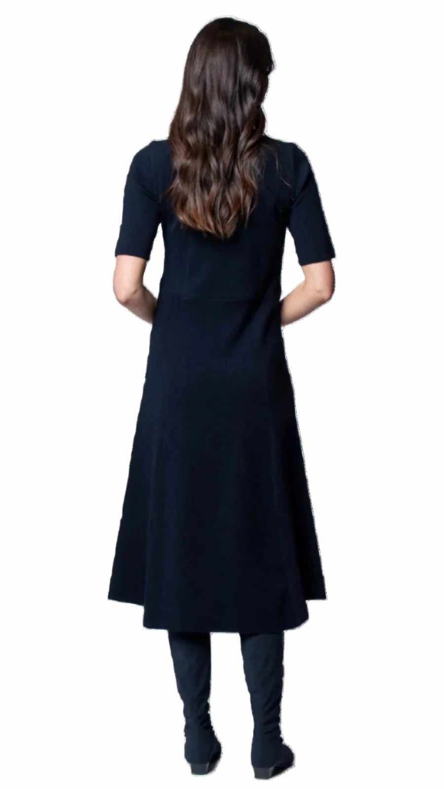 Odor-Control Nora Milano Knit Short Sleeved Fit-And-Flare Midi Dress - Dark Navy