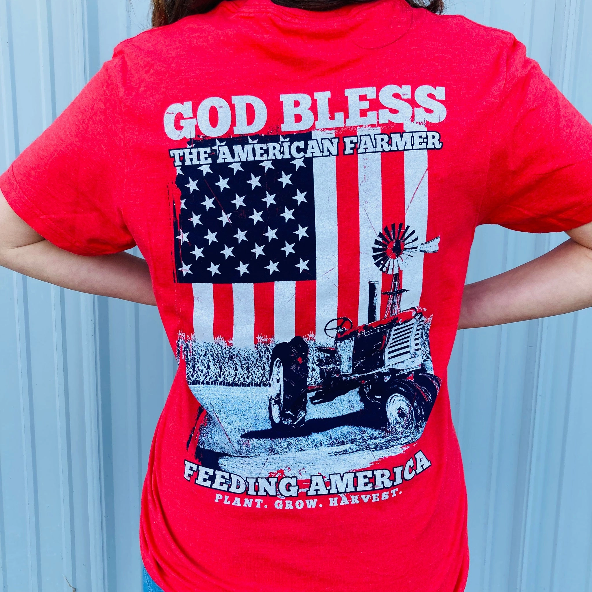 Double Needle Hemming Texas True God Bless The American Farmer Tee