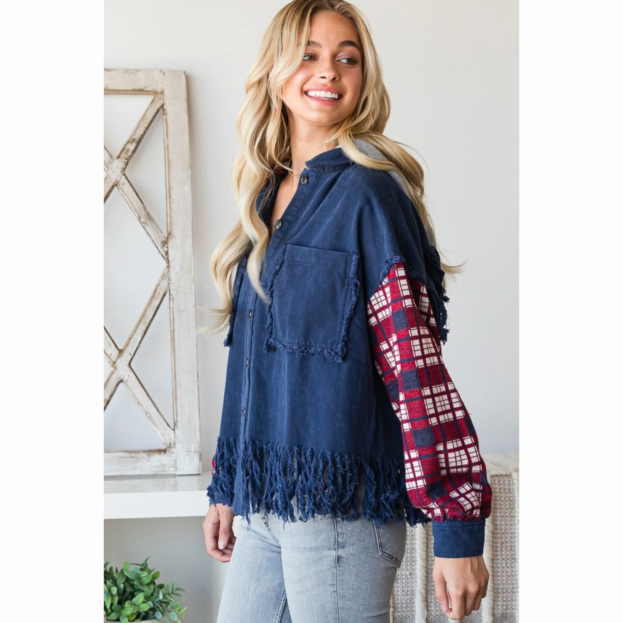 Oli & Hali Plaid Sleeve Fray Jacket Stretch Material