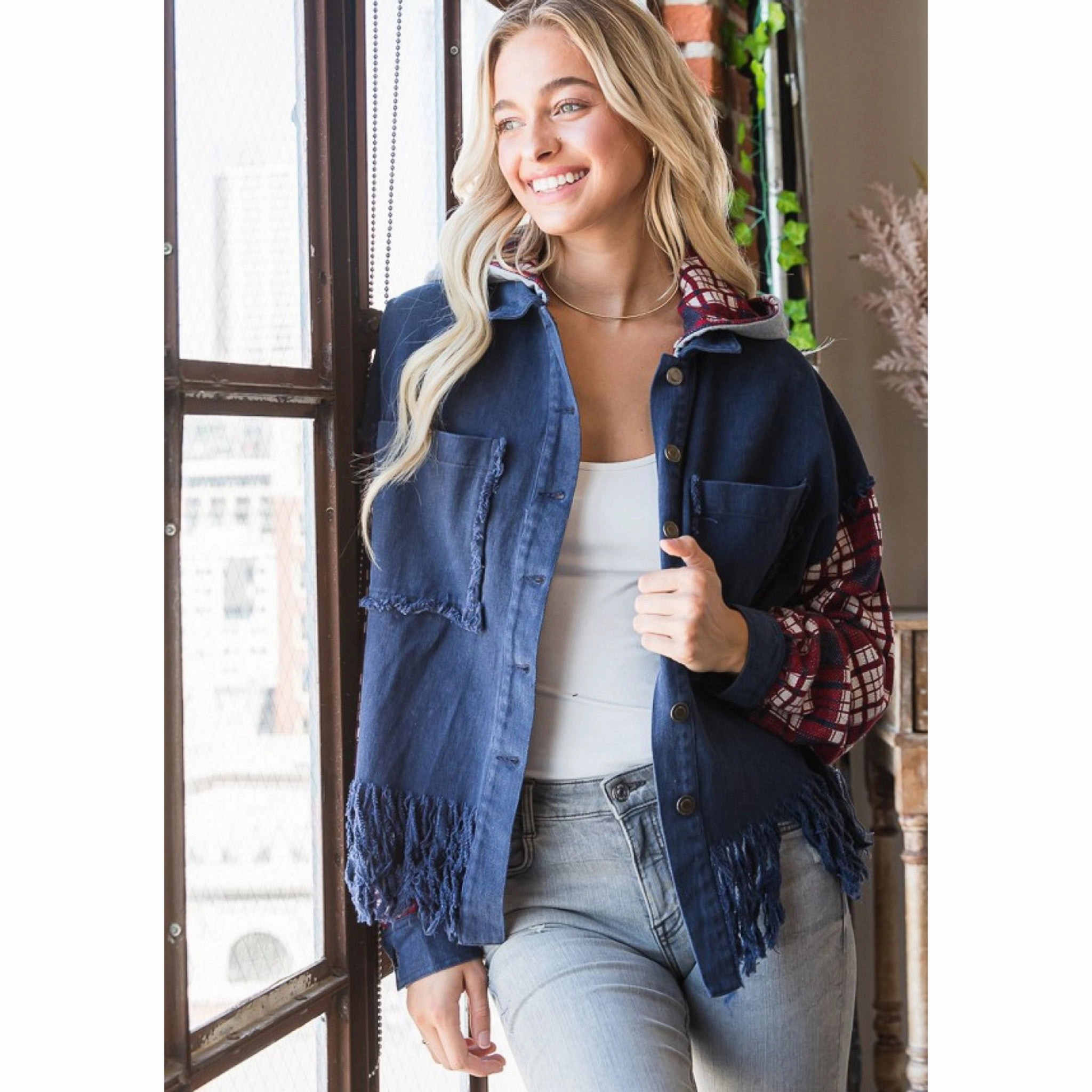 Crisp Clean Fit Oli & Hali Plaid Sleeve Fray Jacket