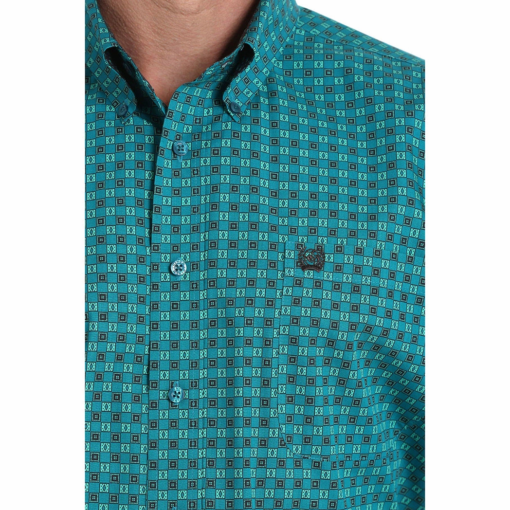 Cinch Teal Green Geo Checker Long Sleeve Fashionable Look Breathable Design
