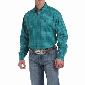 Cinch Teal Green Geo Checker Long Sleeve Organic Cotton Abrasion Resistant Edging