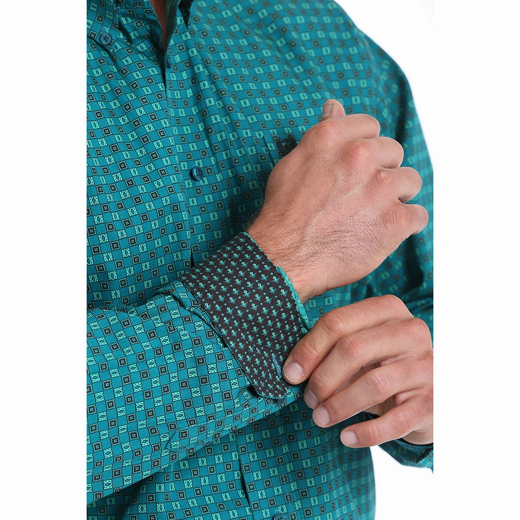 Graphic Art Odor Control Technology Cinch Teal Green Geo Checker Long Sleeve