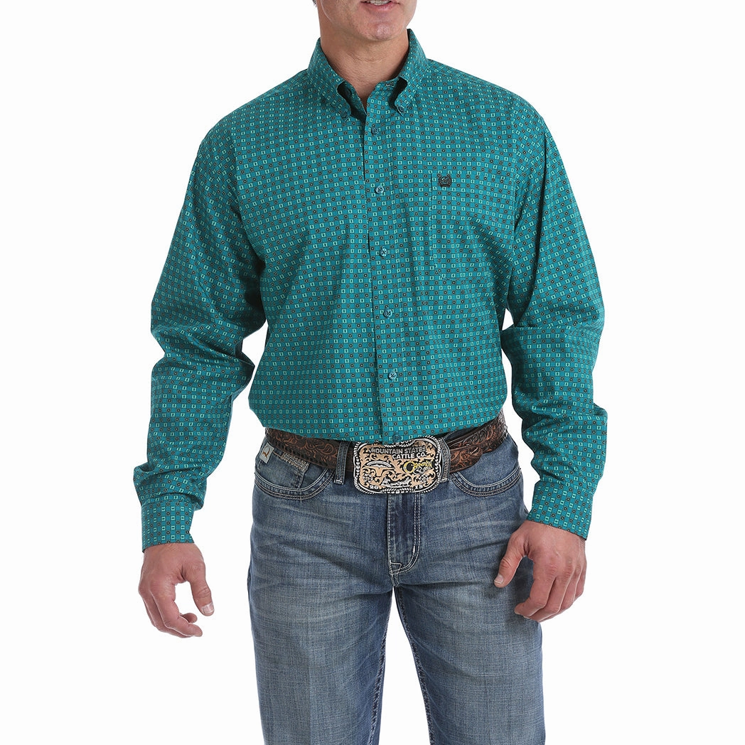 Cinch Teal Green Geo Checker Long Sleeve Anti Pilling Finish