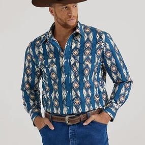 Chilly Weather Wear V-neck style Wrangler Men's Checotah Blue & Tan Aztec Shirt