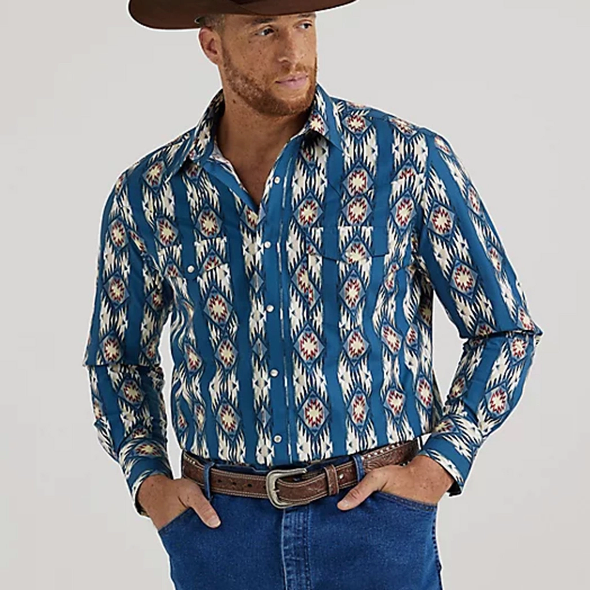 Chilly Weather Wear V-neck style Wrangler Men's Checotah Blue & Tan Aztec Shirt