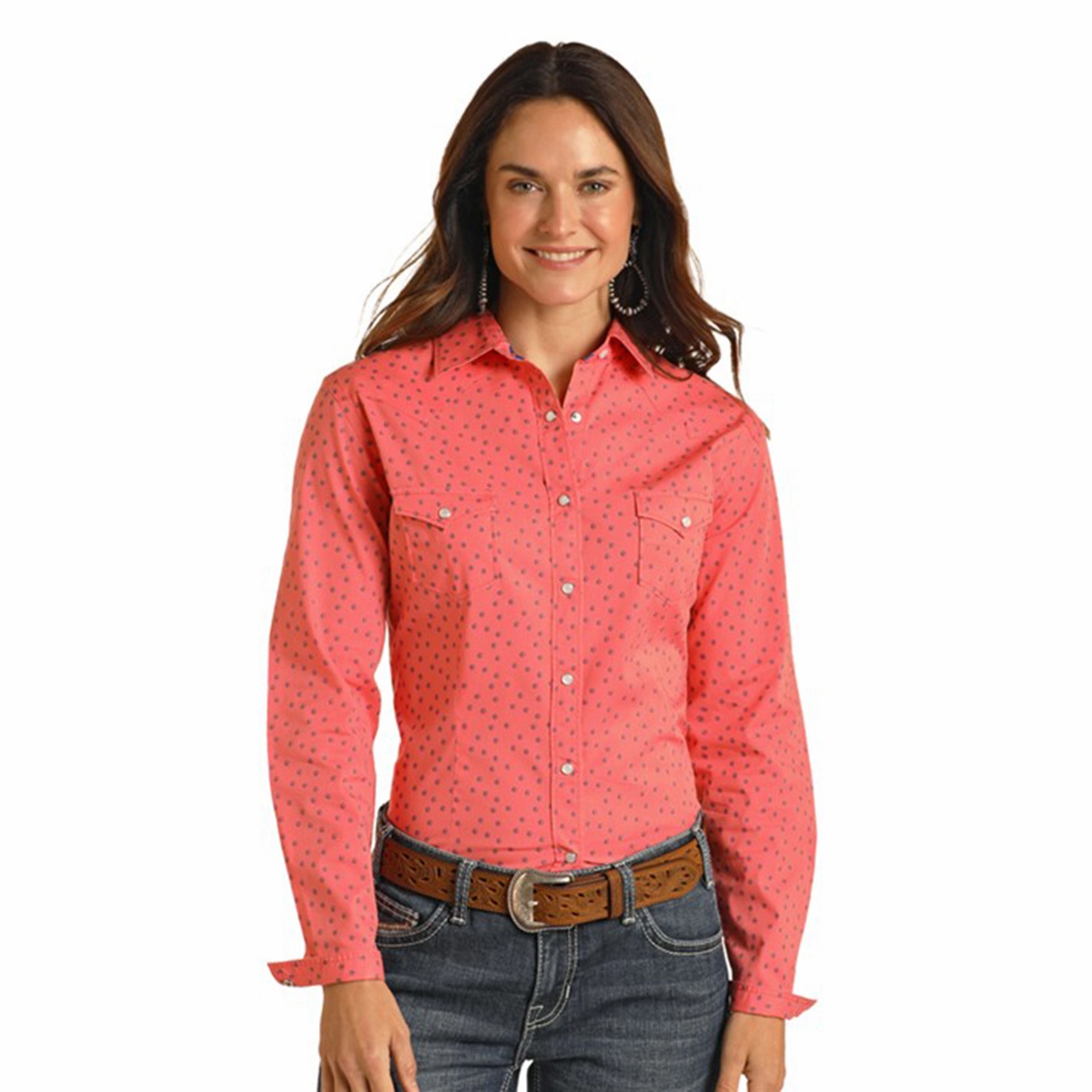 Panhandle Women's Coral Geo Print Long Sleeve Breathable Microfiber