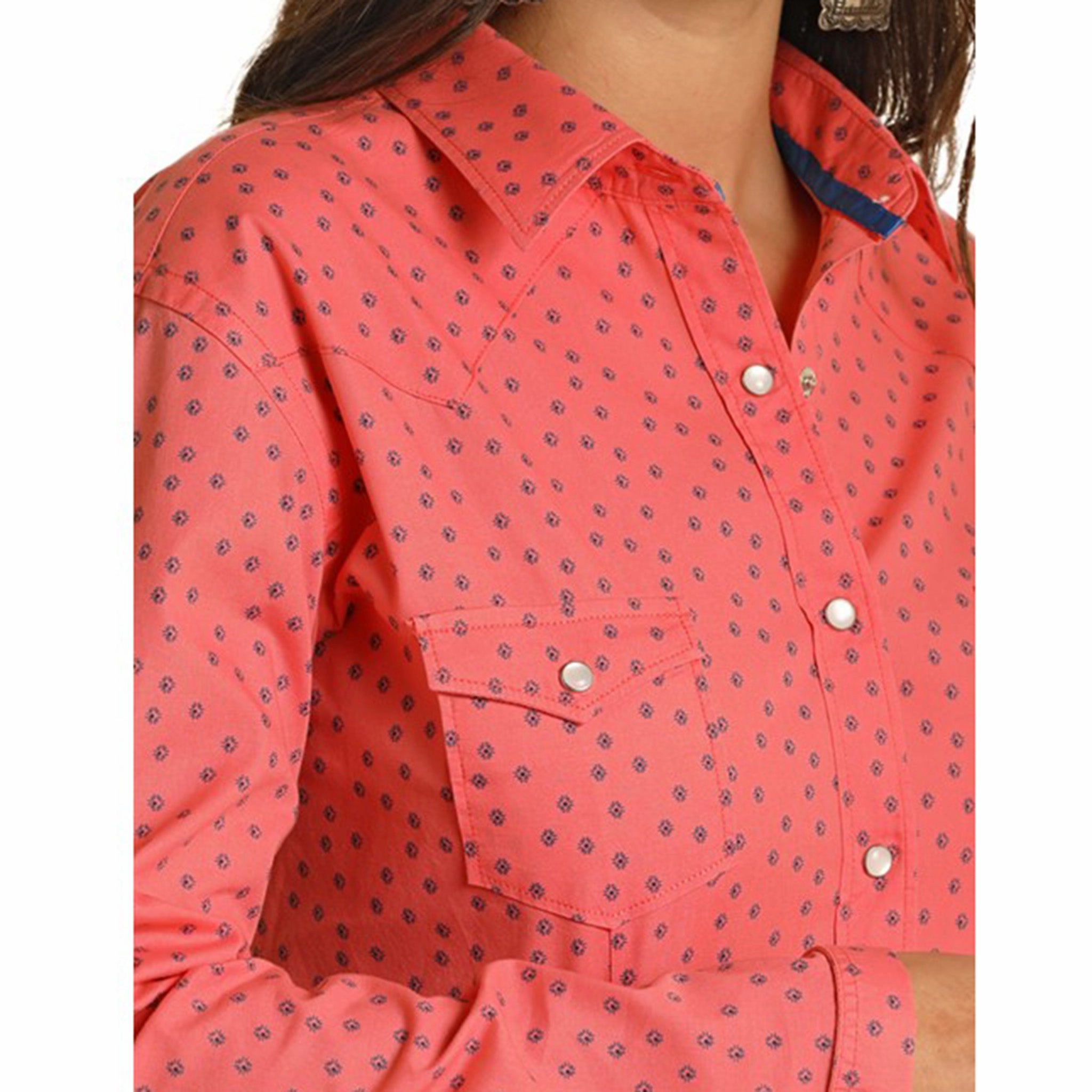 Panhandle Women's Coral Geo Print Long Sleeve DoubleStitchedHem Sport Hoodie