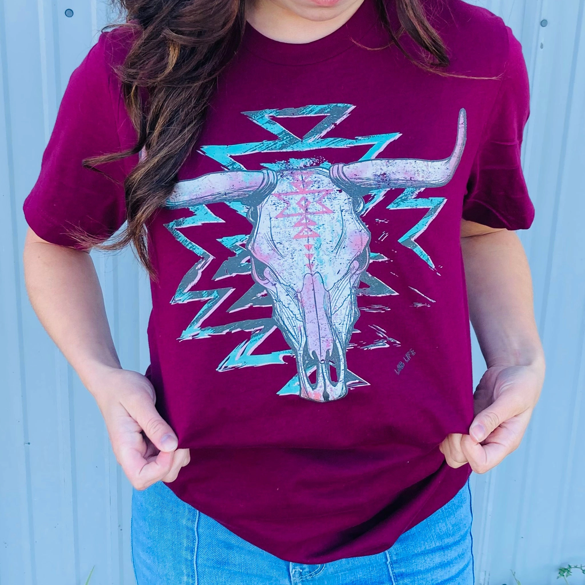 Burgundy Aztec Skull Tee Weighted Hem Design