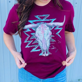 Burgundy Aztec Skull Tee Weighted Hem Design