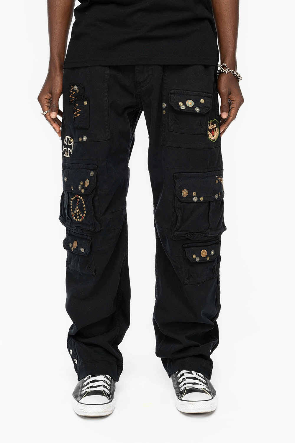 Sophisticated Look Flattering Waist Design ORIGINAL ROBIN??S JEAN CALL OF DUTY CARGO PANTS IN BLACK COLOR  WITH ROCK N ROLL PATCH