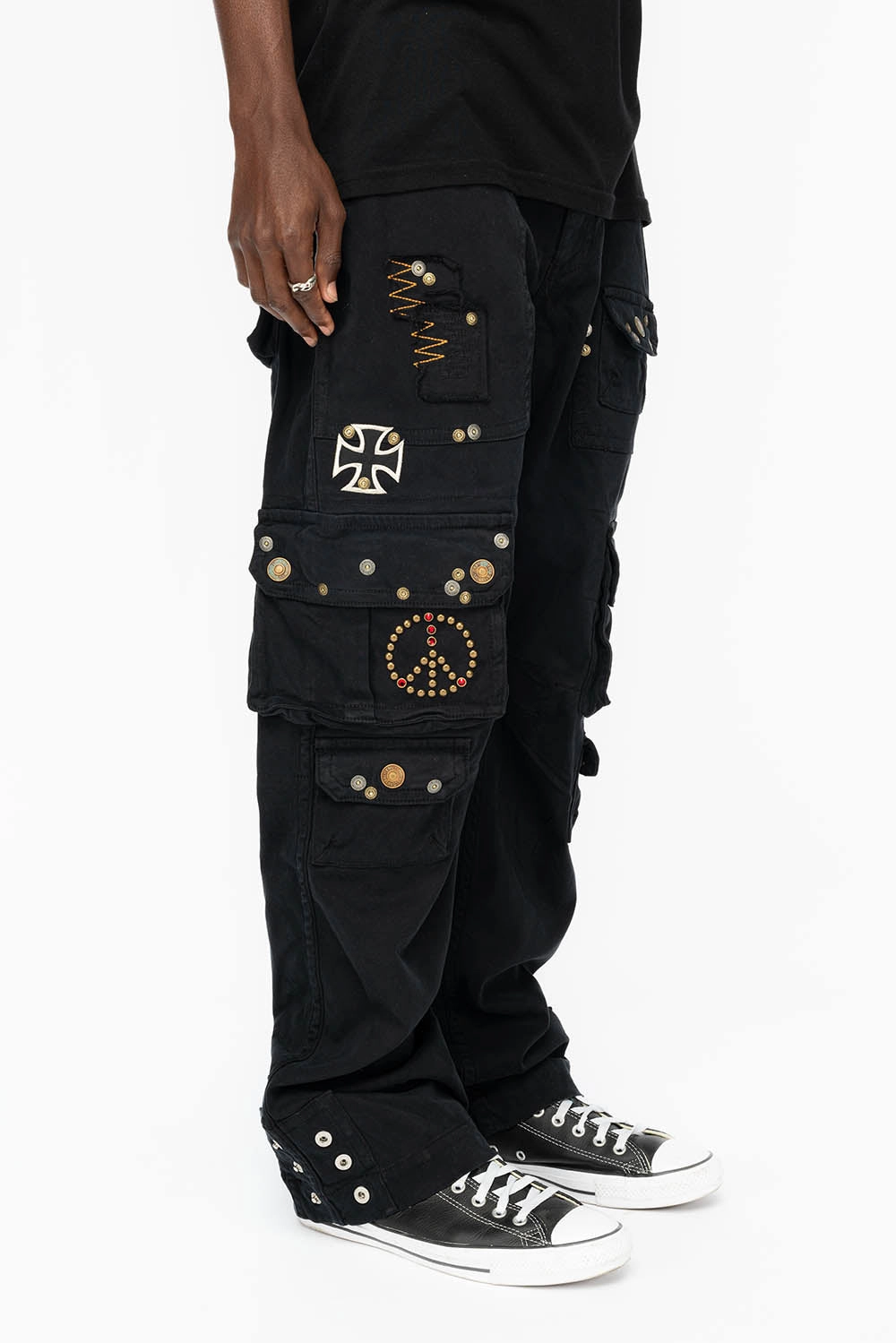 Heavyweight Denim Double Layered Knees ORIGINAL ROBIN??S JEAN CALL OF DUTY CARGO PANTS IN BLACK COLOR  WITH ROCK N ROLL PATCH