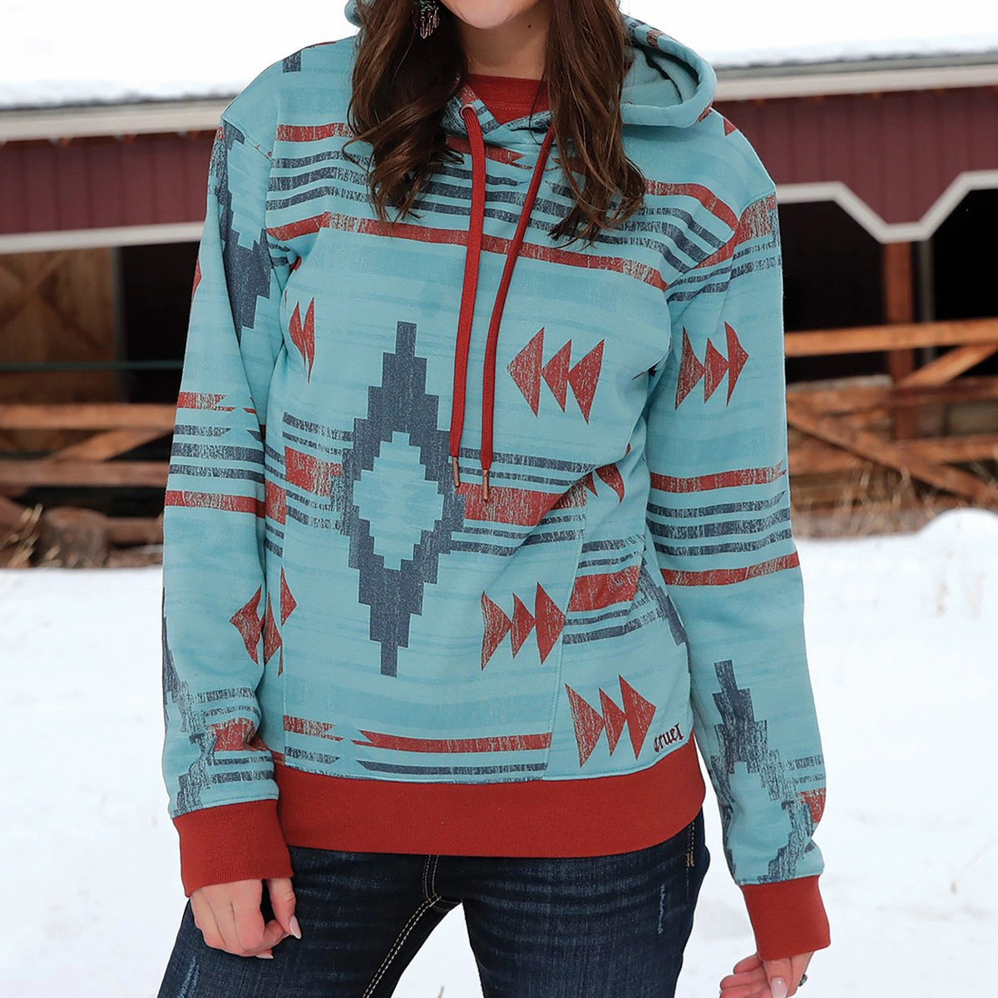 Quick drying material Adjustable Cuff Cruel Denim Women's Rust/Blue Aztec Hoodie