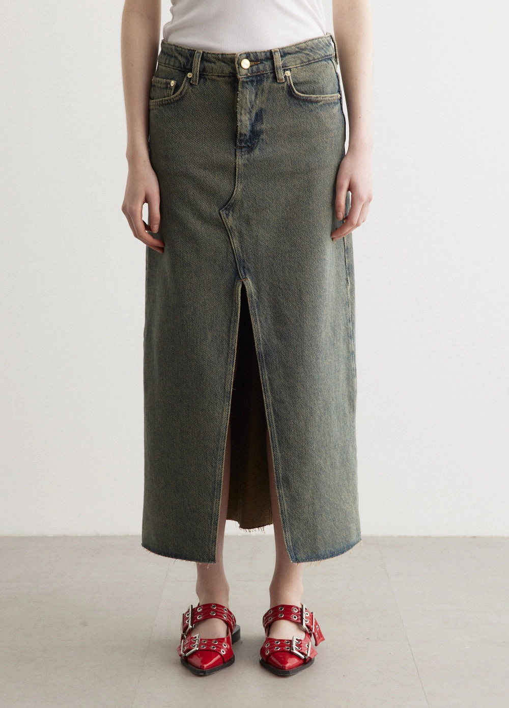 Minimalist Chic Street Style Overdyed Heavy Denim Maxi Skirt