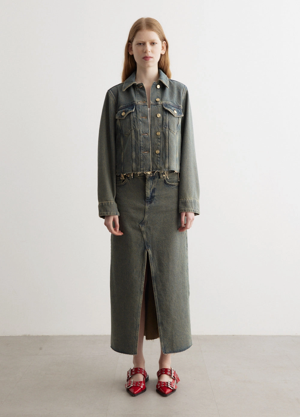 Overdyed Heavy Denim Maxi Skirt Chic casual