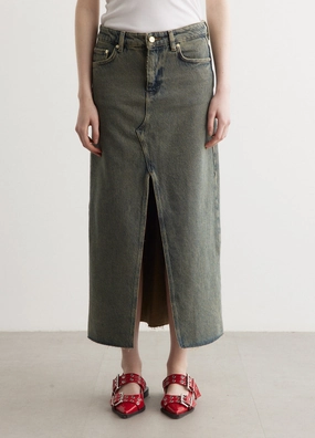Minimalist Chic Street Style Overdyed Heavy Denim Maxi Skirt