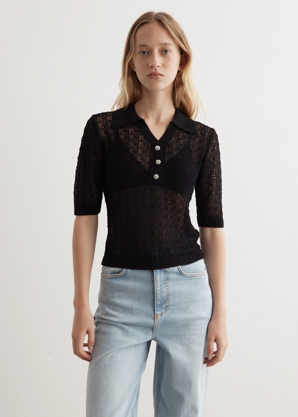 Shiny Pointelle Knit Short Sleeve Polo Travel-friendly Quick Release Cuffs