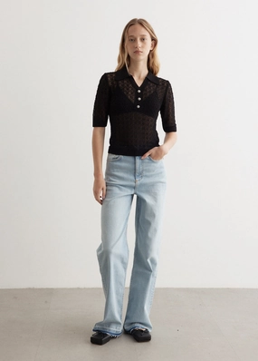 Shiny Pointelle Knit Short Sleeve Polo Standalone Option handmade touch