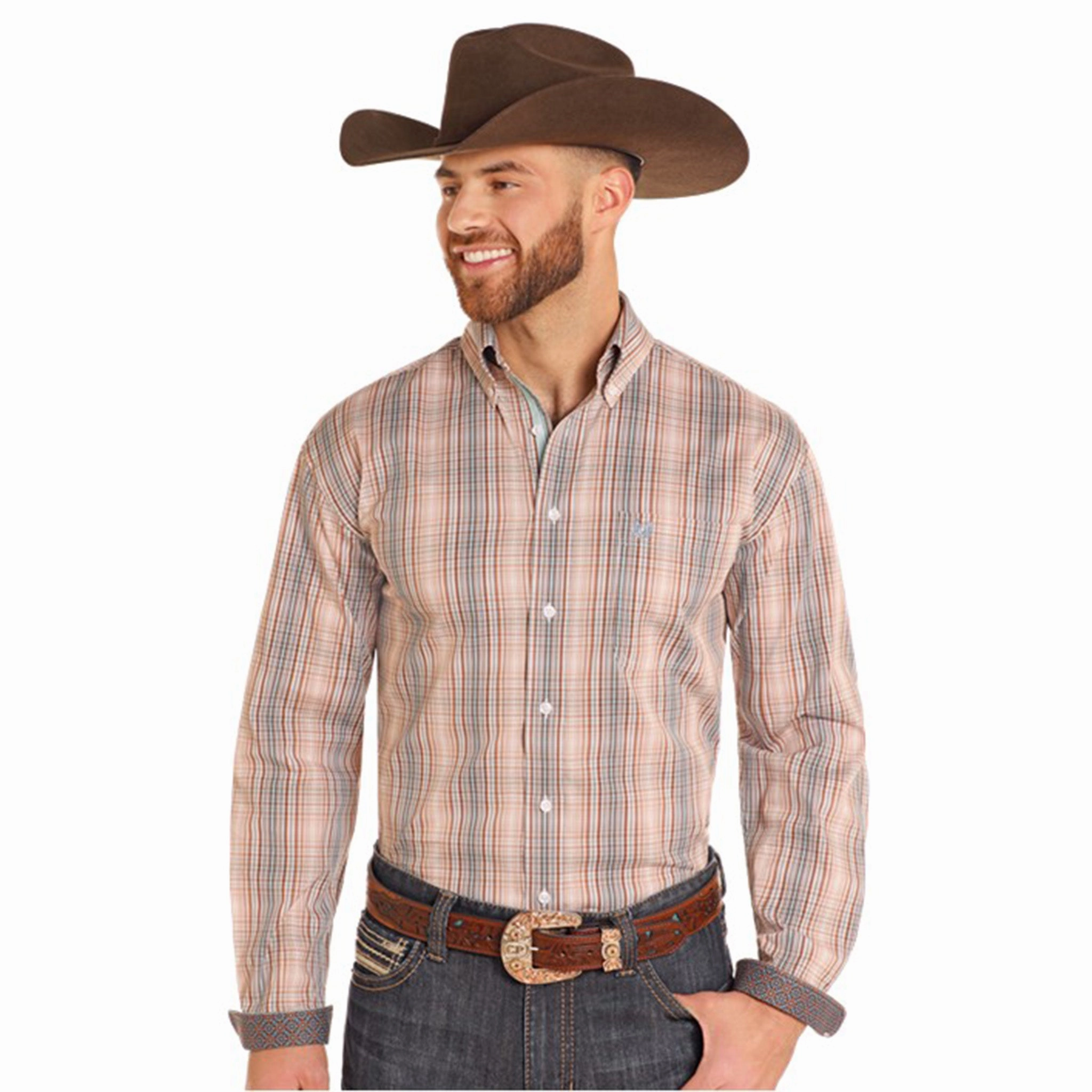 Panhandle Men's Brown & Orange Checked Long Sleeve Designer Look Comfy Design
