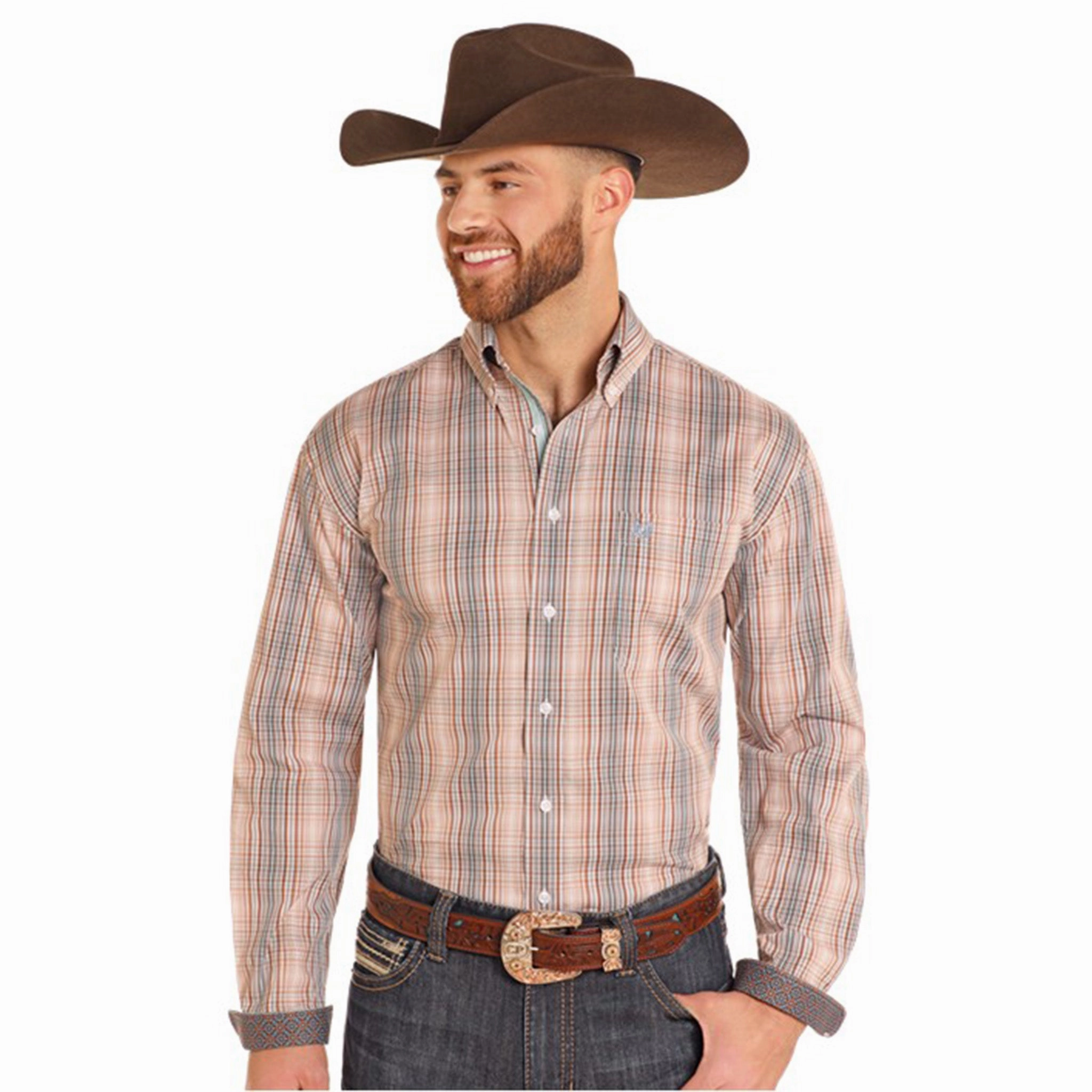 Panhandle Men's Brown & Orange Checked Long Sleeve Oversized style